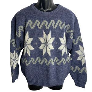 Vintage 90s Architect Crewneck Sweater L Blue Wool Blend Pullover Snowflakes